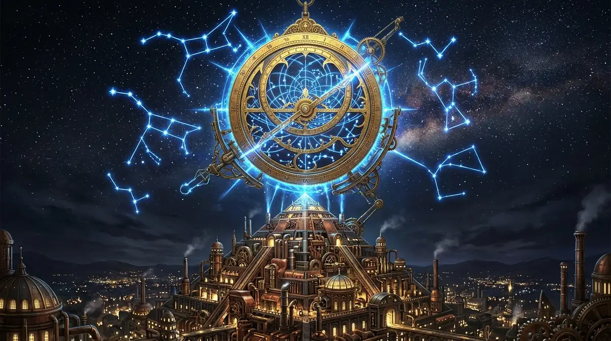 Golden astrolabe glowing with blue constellations
