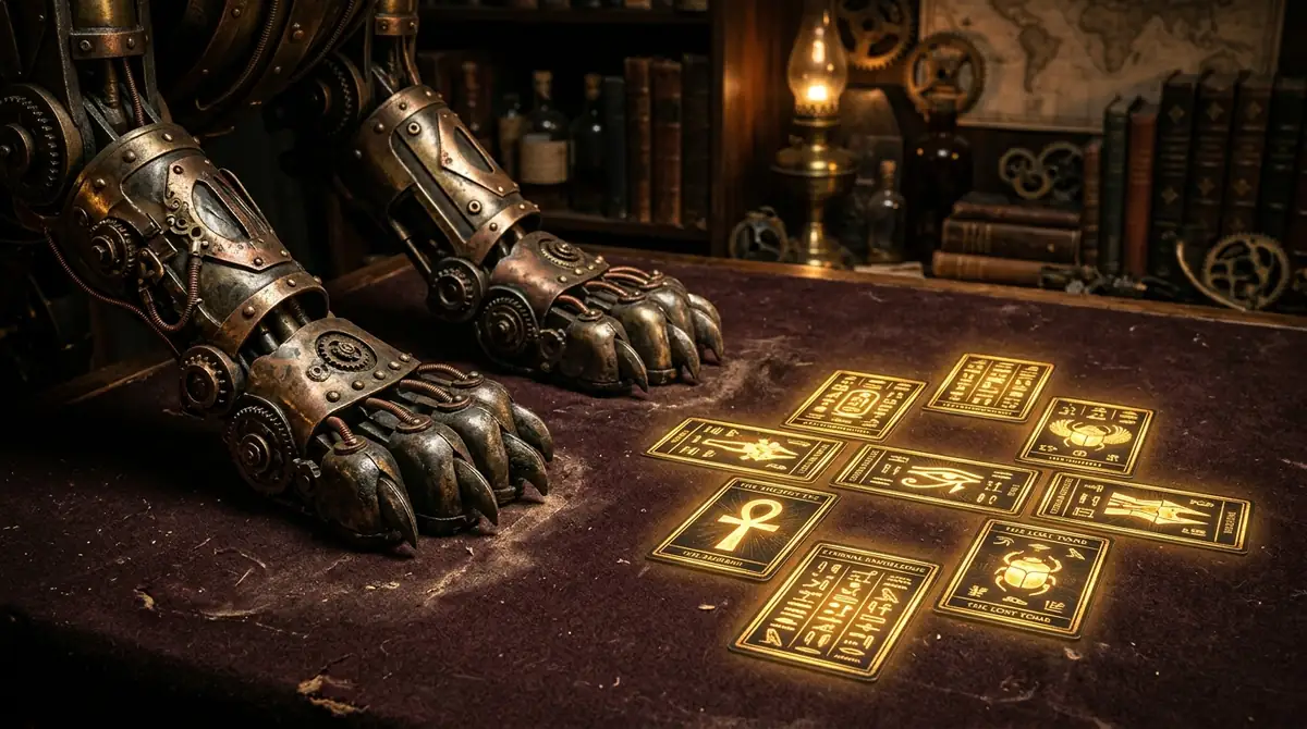 Giant metallic lion paws on felt table