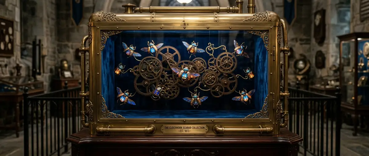 Ornate brass display case with mechanical gears